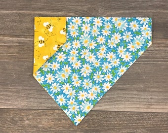 Spring Dog Bandana, Dog Bandana Over the Collar, Daisy Dog Bandana, Bee Dog Bandana, Reversible, Slides on Collar, Puppy Bandana