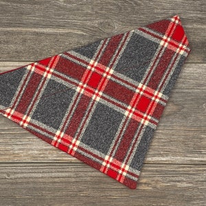 Plaid Dog Bandana -Over the Collar Red & Gray Plaid-Fall Dog Bandana-Autumn Dog Bandana–Reversible–Slides on Collar