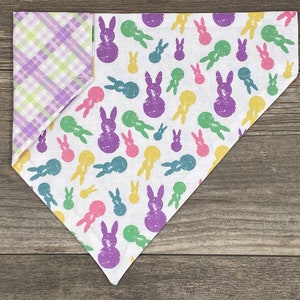 Easter Dog Bandana, Over The Collar Dog Bandana, Colorful Bunnies & Plaid, Reversible, Slides on Collar, Puppy Bandana