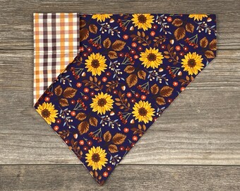 Sunflower and Fall Leaves with Plaid Pattern Dog Bandana, Over The Collar, Reversible