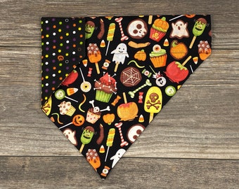 Halloween Dog Bandana, Over the Collar, Reversible, Halloween Treats and Polka Dots