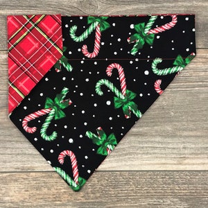 Christmas Dog Bandana ,Over the Collar, Candy Canes Dog Bandana, Red Plaid Bandana,Reversible, Slides on Collar, Holiday Bandana