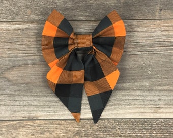 Fall Dog Collar Bow, Halloween Dog Collar Bow, Black & Orange Plaid Dog Collar Bow, Sailor Bow, Girl Dog Bow, Bow Tie, Cat Bow