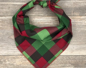 Christmas Dog Bandana, Tie On Dog Bandana, Red & Green Checked Dog Bandana, Green And Red Plaid Dog Bandana, Holiday Dog Bandana