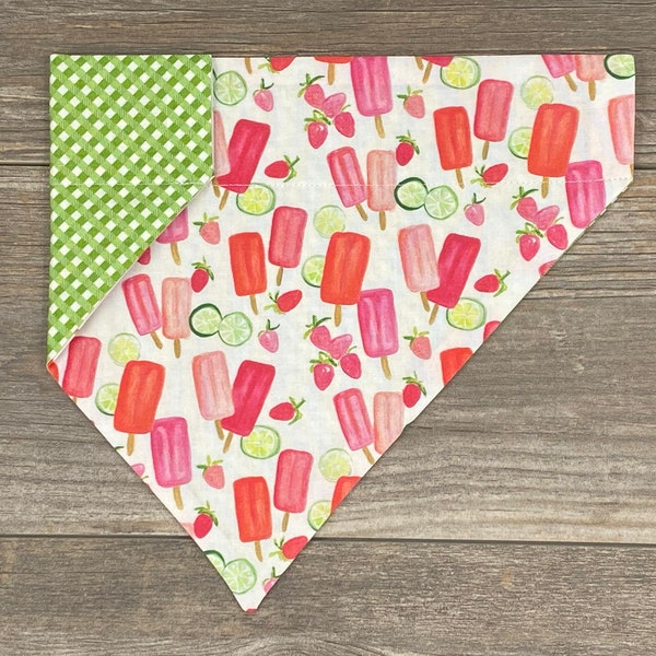 Summer Dog Bandana, Popsicles & Fruit Bandana, Dog Bandana, Over The Collar, Plaid Dog Bandana, Reversible, Slides on Collar