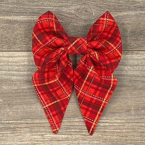 Christmas Dog Collar Bow, Sailor Bow, Red & Gold Plaid, Girl Dog Bow, Bow Tie, Collar Bow, Holiday Collar Bow