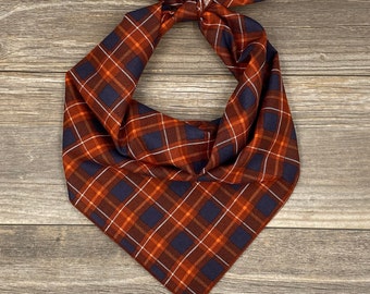 Fall Plaid Tie On Dog Bandana, Navy and Brown Plaid Dog Bandana