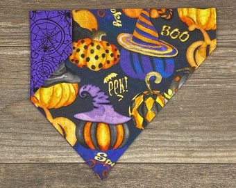 Halloween Dog Bandana, Over the Collar, Reversible, Pumpkins with Witches Hats and Spiders Dog Bandana, Purple Bandana