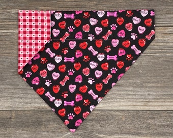 Valentine Dog Bandana, Over The Collar, Reversible, Candy Hearts and Bones Bandana