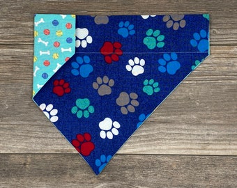 Paw Print Over The Collar Reversible Dog Bandana, Dog Bones and Tennis Balls Bandana