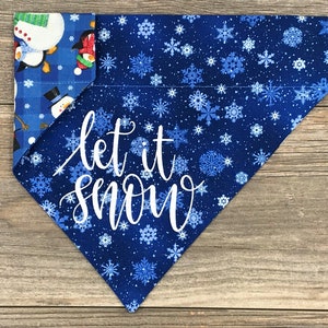 Christmas Dog Bandana-Let It Snow & Snowmen and Penguins Over the Collar Reversible Bandana with Monogram-Slides on Collar-Winter Bandana