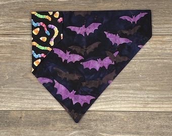 Halloween Dog Bandana, Over the Collar, Reversible, Purple Bats and Gummy Worms Dog Bandana