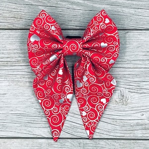 Valentine&#39;s Day Girl Dog Collar Bow-Sailor Bow-Red With Silver Metallic Swirls & Hearts-Girl Dog Bow-Bow Tie-Collar Bow-Holiday Collar Bow