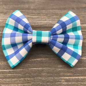 Blue And Teal Plaid Dog Bow Tie, Summer Bow Tie, Spring Bow Tie, Checked Bow Tie