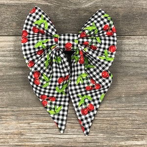 Cherries & Checks Collar Bow, Girl Dog Bow, Spring Dog Bow, Summer Dog Bow, Cat Bow, Dog Bow Tie, Dog Sailor Bow