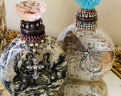 Vintage Pink or Blue Perfume Bottle adorned with Rhinestones , French Tiole and vintage rosary chain with cross