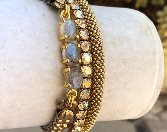 Elegant and Delicate  MoonStones on a Vintage stretchy Watchband bracelet.