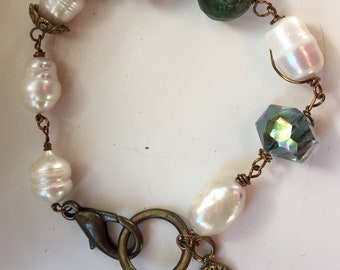 Hamsa Charm on Jasper,  Pearl and Czech Crystal Beaded Bracelet