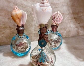Decorated Bottle with Shell Rosary Chain and Tassel Charm full of Tiny Sea shells