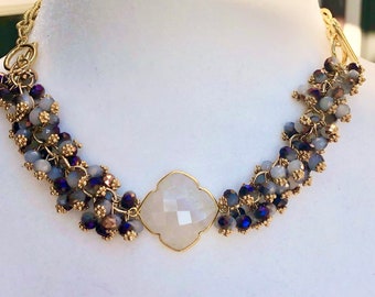 Convertible gold rope chain necklace/bracelet with blue Czech crystal beads and moonstone pendant