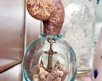 Decorated Bottle with Shell Rosary Chain Anchor Charm full of Tiny Sea shells