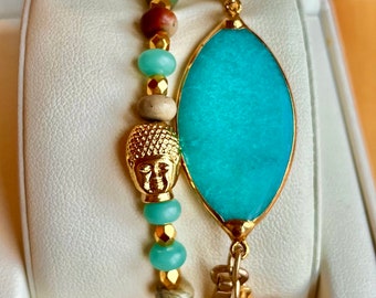 Buddha head stacking braclet with aqua terra agate and brass beads