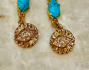 Turquoise and Gold hoop earrings with evil eye medallion