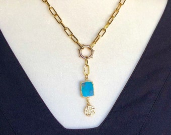 Delicate Gold filled paperclip chain necklace with Turquoise Pendant and star charm statement necklace, turquoise necklace, nautical