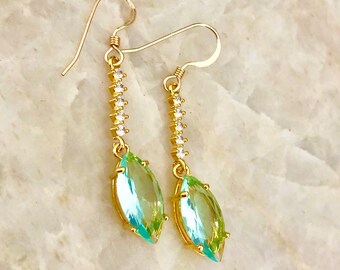 Dazzling Pale Green Marquis cut gemstone Earrings dangle from delicate CZ encrusted bars, bridal earrings