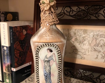Sold,Victorian Decorated Bottle with Rhinestones, Lady of Paris. Shabby Chic Home Decor, Not for Sale