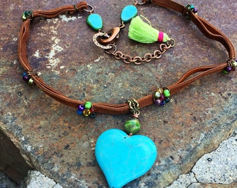 Bohemian Turquoise Heart Pendant Necklace with Czech glass crystals and tassel