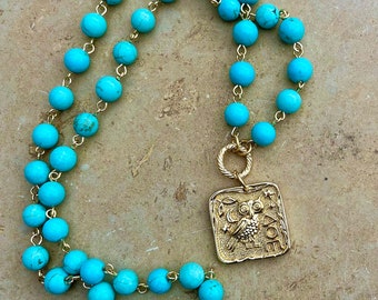 Turquoise Rosary Necklace with Owl Medallion