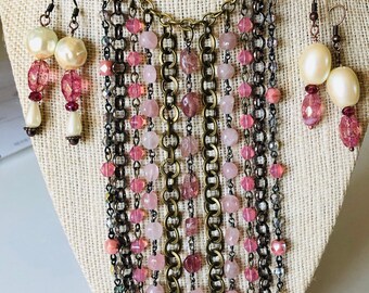 Tiered Necklace with Strawberry Quartz Rosary chains and Pink Czech Crystals