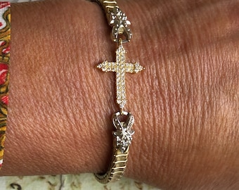 CZ encrusted Gold Vermiel Cross on a Vintage 10k Gold Filled Stretchy Watchband bracelet