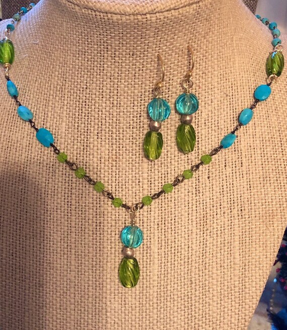 Vintage Czech Glass Bead Necklace Czech Glass Earrings Peridot