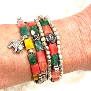 Delicate beaded stacking bracelets of jade with silver beads