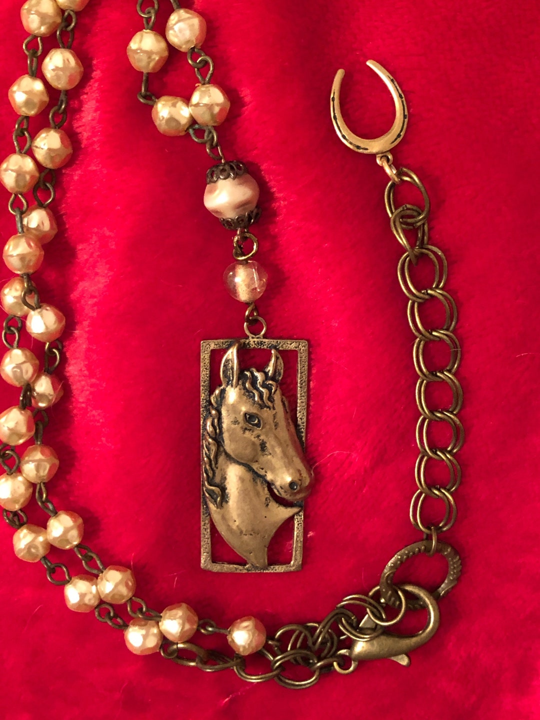 Vintage Pearl Rosary Chain Necklace, Horse Head Pendant Necklace Etsy