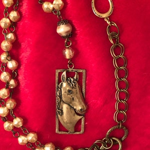 Vintage Pearl Rosary chain necklace, Horse Head pendant necklace