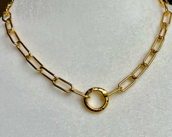 24k Gold Filled Paperclip link choker necklace with jeweled spring clasp, customizable