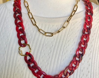 Long, Chunky, Lightweight Red Acrylic curb chain necklace, 30” long with gold clasp, layering necklace