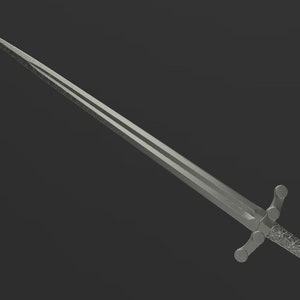 May include: A silver sword with a detailed hilt and a long, straight blade.