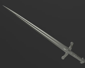 May include: A silver sword with a detailed hilt and a long, straight blade.