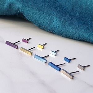 Titanium Bar Stud Earrings – Hypoallergenic Minimalist Studs 5mm or 10mm – Lightweight Nickel-Free Earrings in Gold, Blue, Purple, Grey