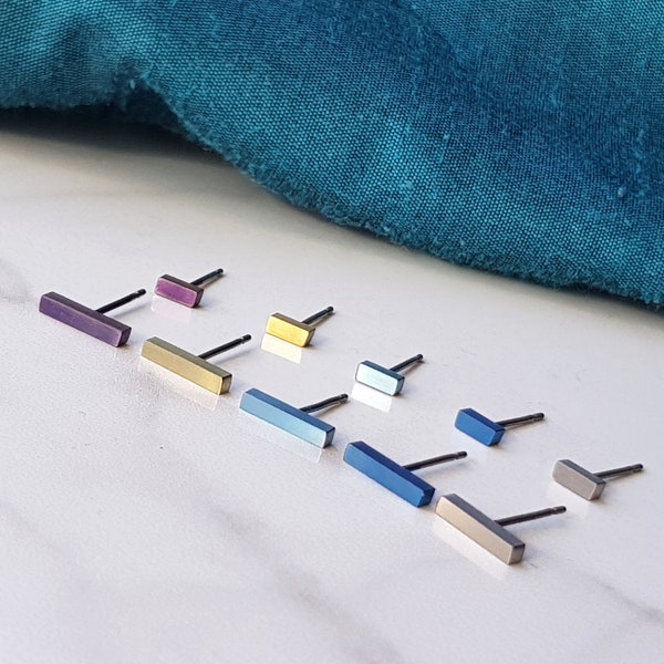 Titanium 5mm & 10mm Bar Stud Earrings. Gold, Light Blue, Dark Blue, Purple or Natural Grey Options. Hypoallergenic and Nickel Free.