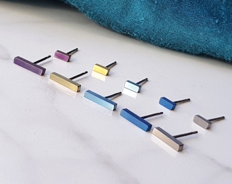 Titanium Bar Stud Earrings – Hypoallergenic Minimalist Studs 5mm or 10mm – Lightweight Nickel-Free Earrings in Gold, Blue, Purple, Grey