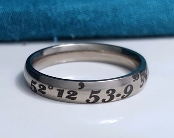 Titanium Ring Engraved, GPS, Latitude Longitude or Coordinates, Personalised Laser Engraved in Fine Detail on a 4mm Pure Titanium Band