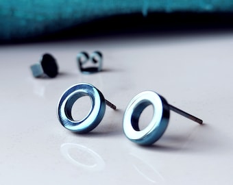Titanium Pale Blue Circle Stud Earrings, 8mm Wide. Hypoallergenic and Nickel Free Pure Titanium.
