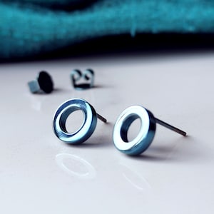 Titanium Pale Blue Circle Stud Earrings, 8mm Wide. Hypoallergenic and Nickel Free Pure Titanium.