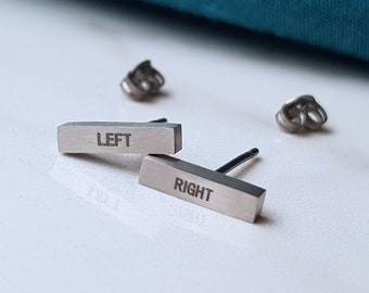 Personalised Bar Stud Earrings, Name or Phrase Engraved. Left, right.