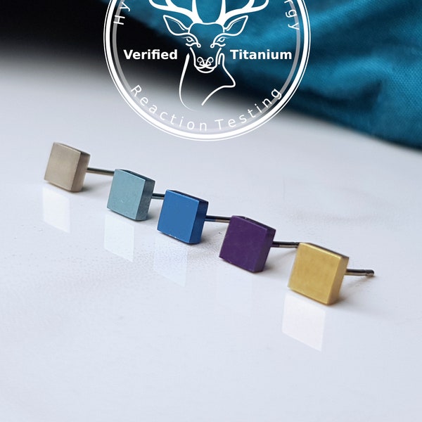 Titanium 5mm Square Studs. Gold, Light Blue, Dark Blue, Purple or Natural Grey Options. Hypoallergenic and Certified Nickel Free Earrings.